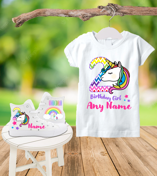 Unicorn Birthday Party Custom Name Kids White High Top Shoes Sneakers AND T Shirt or Onesie