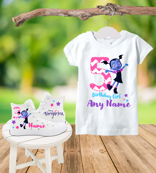 Vampirina Birthday Party Custom Name Kids White High Top Shoes Sneakers AND T Shirt or Onesie