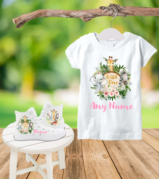 Wild One Safari Birthday Party Custom Name Kids White High Top Shoes Sneakers AND T Shirt or Onesie