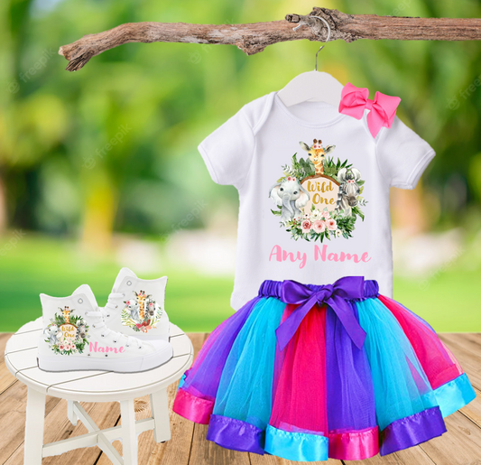 Wild One Birthday Party Custom Name Kids White High Top Shoes Sneakers AND Purple Ribbon Tutu Outfit Dress