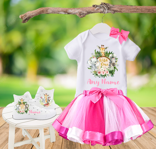 Wild One Birthday Party Custom Name Kids White High Top Shoes Sneakers AND Pink Ribbon Tutu Outfit Dress