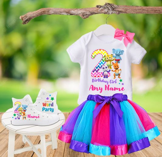 Word Party Birthday Party Custom Name Kids White High Top Shoes Sneakers AND Purple Ribbon Tutu Outfit Dress