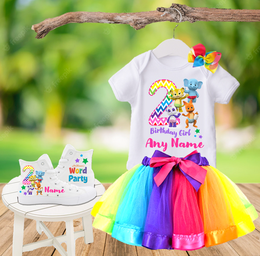 Word Party Birthday Party Custom Name Kids White High Top Shoes Sneakers AND Rainbow Ribbon Tutu Outfit Dress