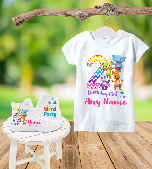 Word Party Birthday Party Custom Name Kids White High Top Shoes Sneakers AND T Shirt or Onesie